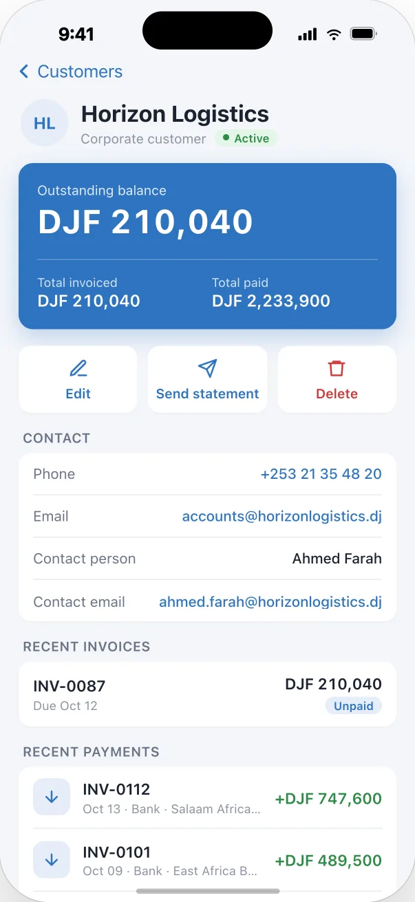 Customer detail screen in the Djib Smart app