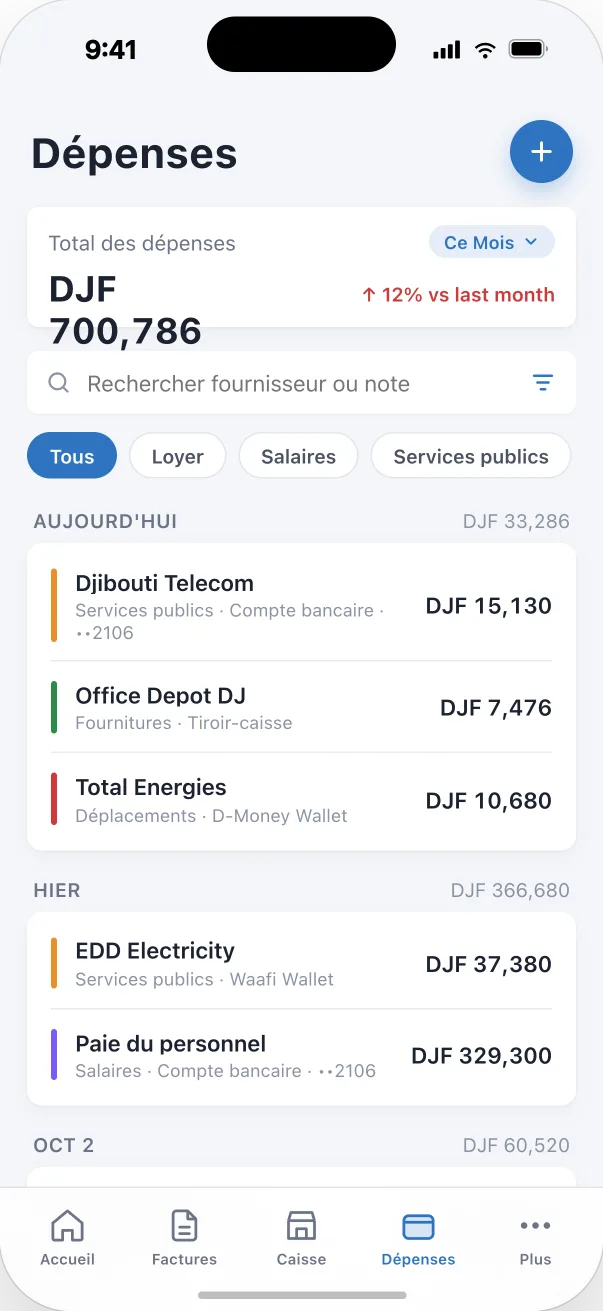 Écran des dépenses dans l’app Djib Smart