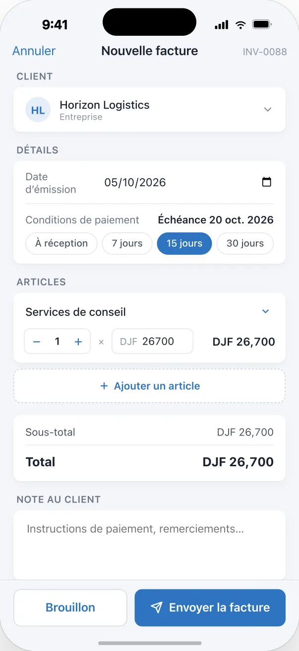 Écran de création de facture dans l’app Djib Smart