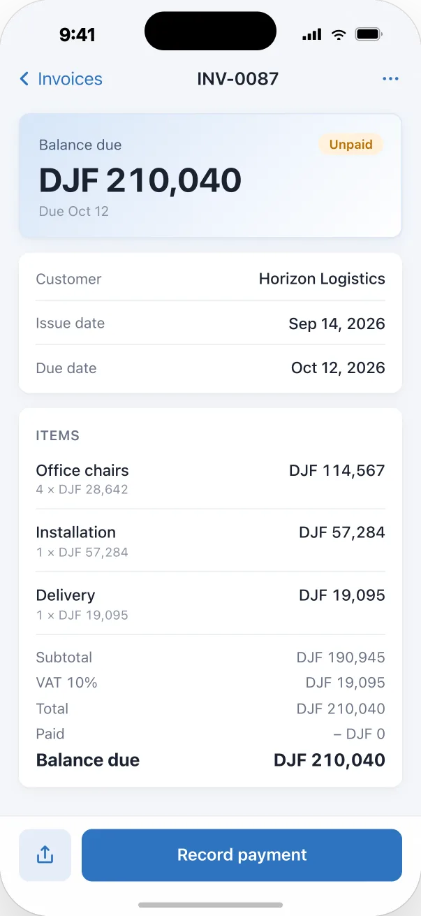 Invoice detail screen in the Djib Smart app