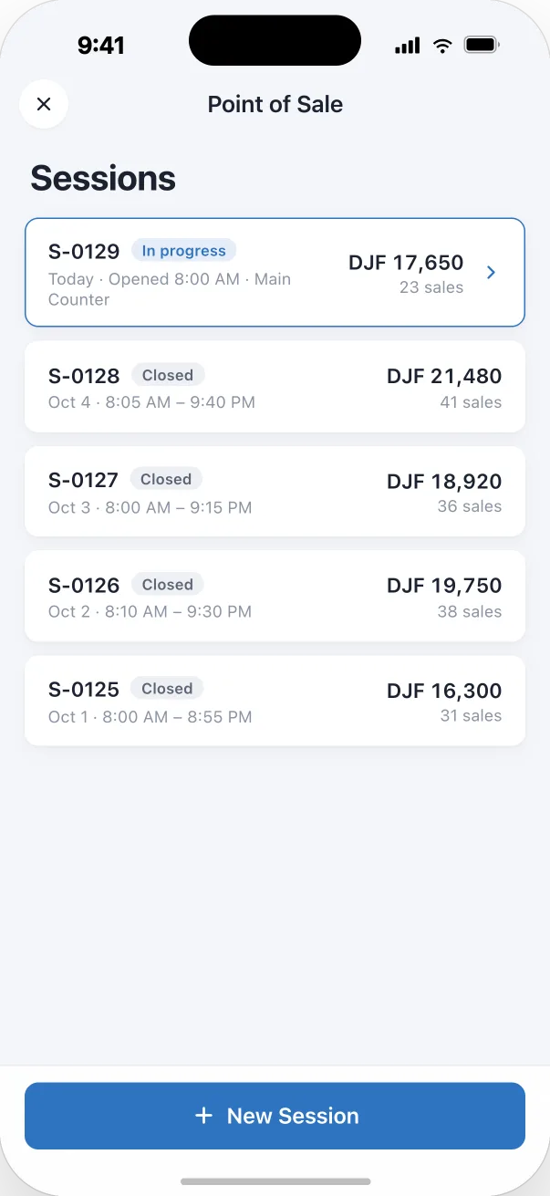 Point of sale screen in the Djib Smart app