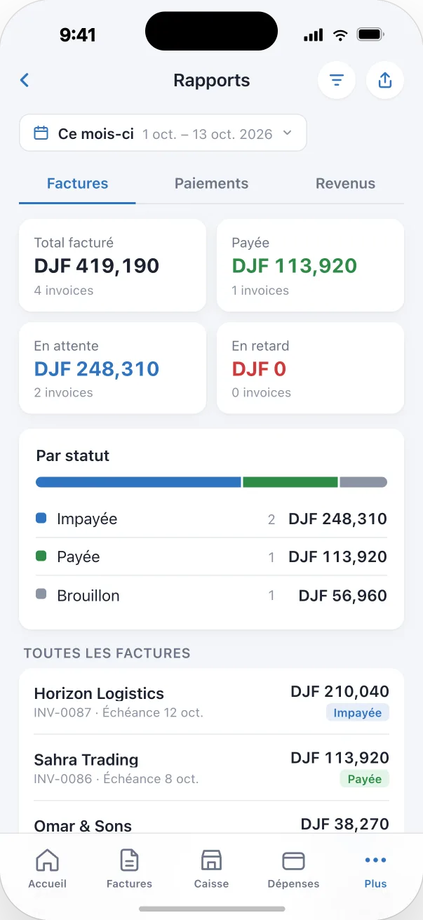 Écran du rapport des factures dans l’app Djib Smart