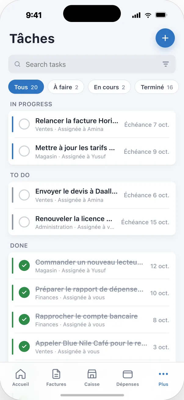 Écran des tâches dans l’app Djib Smart